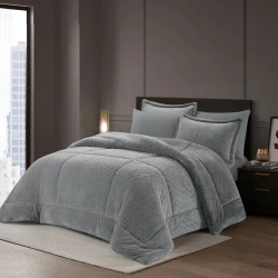 Nova Home Froska Winter Embossed Flannel  Comforter Set with Soft Fur Backing - King/Super King - Grey