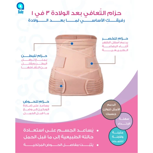 حزام ما بعد الولادة 3 في 1 – مشد بطن وخصر وحوض للنفاس – دعم واستعادة شكل الجسم بعد الحمل – قابل للتعديل ومريح – مقاسات متعددة- اي بيبي
