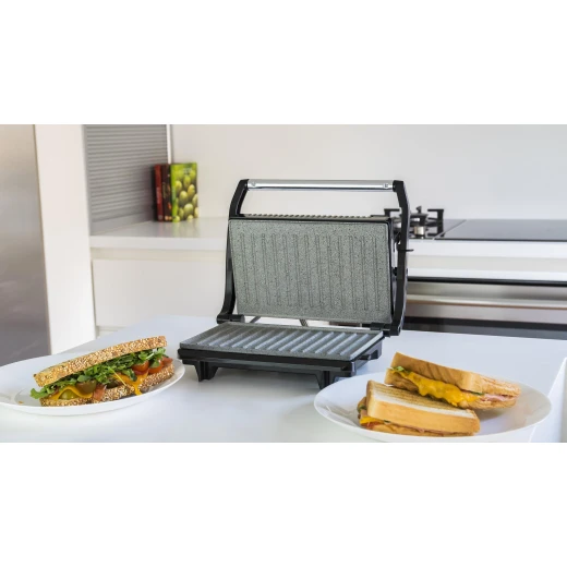 Cecotec Rock’N Grill 700W Electric Contact Grill — 700W Power, RockStone Non-Stick Eco Coating, 23 × 14.5 cm Cooking Surface, Floating Adjustable Top Plate, Light Indicator, Cool-Touch Handle, and Upright Storage with Closing Clamp - Cecotec - Image 3