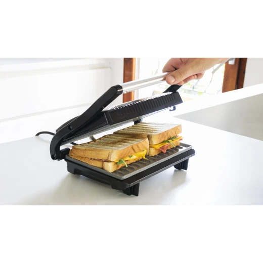 Cecotec Rock’N Grill 700W Electric Contact Grill — 700W Power, RockStone Non-Stick Eco Coating, 23 × 14.5 cm Cooking Surface, Floating Adjustable Top Plate, Light Indicator, Cool-Touch Handle, and Upright Storage with Closing Clamp - Cecotec - Image 4