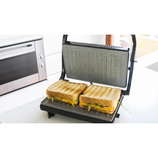Cecotec Rock’N Grill 700W Electric Contact Grill — 700W Power, RockStone Non-Stick Eco Coating, 23 × 14.5 cm Cooking Surface, Floating Adjustable Top Plate, Light Indicator, Cool-Touch Handle, and Upright Storage with Closing Clamp - Cecotec - Image 6