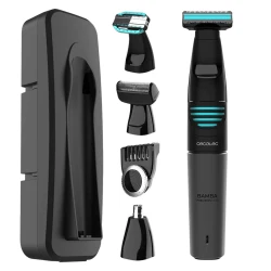 Cecotec PrecisionCare Extreme 5in1 multifunction shaver for face and body grooming, with stainless steel blades, waterproof IPX5 design, 60-minute lithium battery runtime, multiple heads, LED indicator, and storage stand