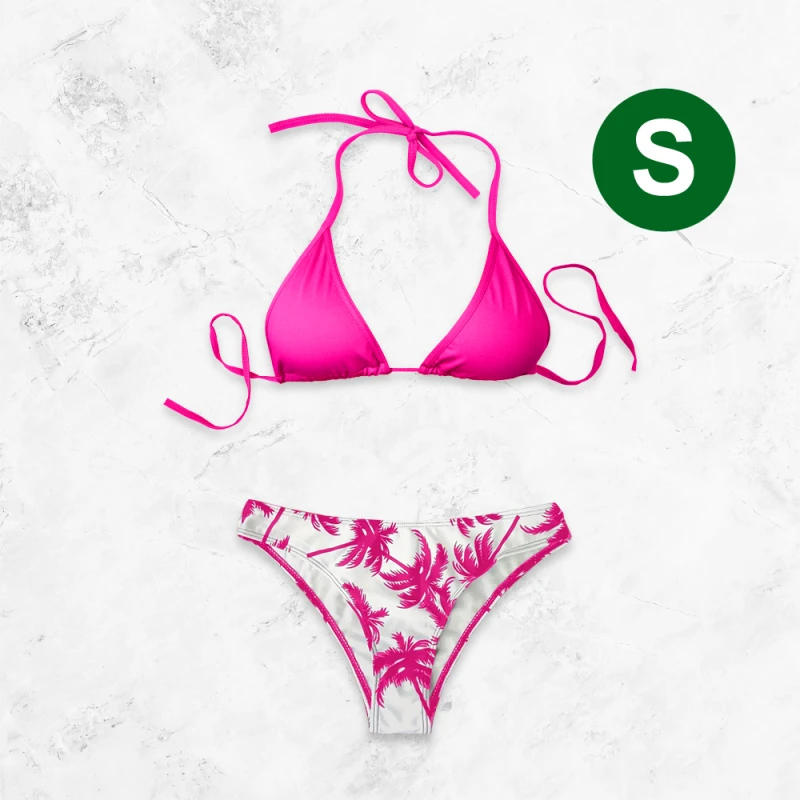 Fuchsia bikini top halter neck triangle with printed fuchsia palm tree pattern bikini bottom - Size S