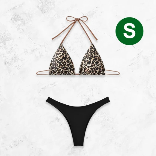 Leopard pattern bikini top halter neck triangle and a black bikini bottom - Size S Leopard pattern bikini top halter neck triangle and a black bikini bottom - Size S