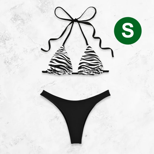 Zebra pattern bikini top halter neck triangle and a black bikini bottom - Size S Zebra pattern bikini top halter neck triangle and a black bikini bottom - Size S