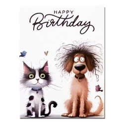 Birthday Card with cute funny cat & dog illustration and a craft paper envelop – Style1