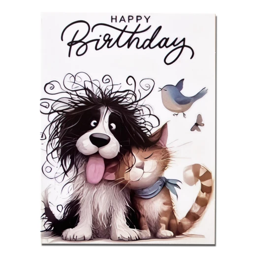 Birthday Card with cute funny cat & dog illustration and a craft paper envelop – Style2 Birthday Card with cute funny cat & dog illustration and a craft paper envelop – Style2