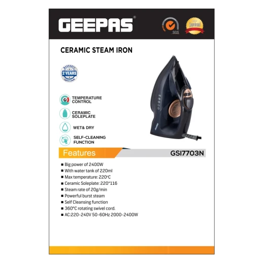 Geepas 2-in-1 Steam Iron GSI7703 – 2400W Ceramic Soleplate, Adjustable Temperature & Self-Cleaning Function - GEEPAS - Image 6