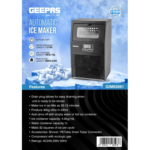 Geepas Automatic Ice Maker GIM63061 – 1.0L Water Tank, 4.0kg Ice Bin, Produces 30kg/Day with Auto Shut-Off - GEEPAS - Image 10