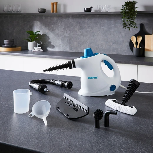 Geepas GSC63064UK Handheld Steam Cleaner – 1050W, 380ml Water Tank, 9 Accessories, 110°C Steam Temperature, Lightweight & Portable, Blue and White - GEEPAS - Image 2