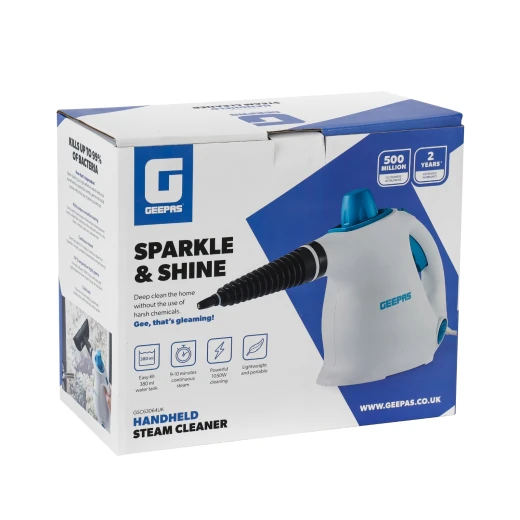 Geepas GSC63064UK Handheld Steam Cleaner – 1050W, 380ml Water Tank, 9 Accessories, 110°C Steam Temperature, Lightweight & Portable, Blue and White - GEEPAS - Image 3