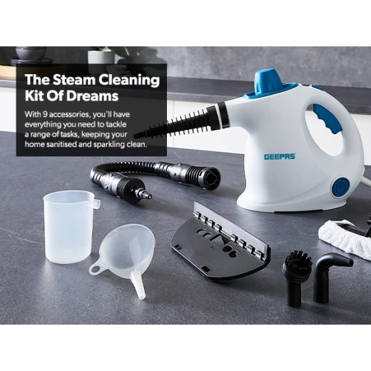 Geepas GSC63064UK Handheld Steam Cleaner – 1050W, 380ml Water Tank, 9 Accessories, 110°C Steam Temperature, Lightweight & Portable, Blue and White - GEEPAS - Image 5