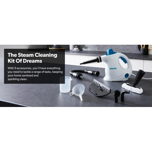 Geepas GSC63064UK Handheld Steam Cleaner – 1050W, 380ml Water Tank, 9 Accessories, 110°C Steam Temperature, Lightweight & Portable, Blue and White - GEEPAS - Image 7