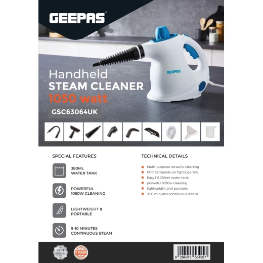 Geepas GSC63064UK Handheld Steam Cleaner – 1050W, 380ml Water Tank, 9 Accessories, 110°C Steam Temperature, Lightweight & Portable, Blue and White - GEEPAS - Image 9