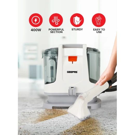 Geepas GSC19051 Portable Spot Cleaner – 400W Dual Tank Design, 1.1L Clean & 0.5L Dirty Water Tanks, 2 Cleaning Heads, Compact & Lightweight, Ideal for Carpets, Rugs & Upholstery, White - GEEPAS - Image 2