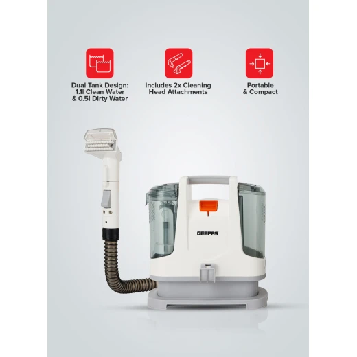 Geepas GSC19051 Portable Spot Cleaner – 400W Dual Tank Design, 1.1L Clean & 0.5L Dirty Water Tanks, 2 Cleaning Heads, Compact & Lightweight, Ideal for Carpets, Rugs & Upholstery, White - GEEPAS - Image 7