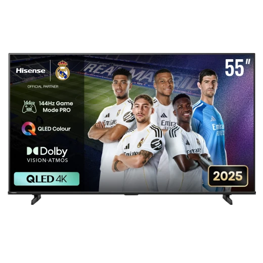 تلفزيون QLED ذكي 55 بوصة بدقة 4K – بتقنية Quantum Dot، يدعم HDR10+ وDolby Vision IQ، صوت Dolby Atmos، نظام VIDAA U7، اتصال Wi-Fi وBluetooth من هيسنس