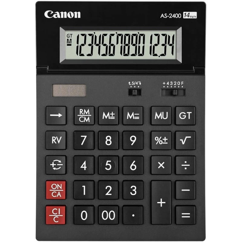 آلة حاسبة مكتبية كانون AS-2400 HB EMEA، 12 رقمًا، شاشة LCD كبيرة قابلة للإمالة، تعمل بالطاقة الشمسية والبطارية، GT، هامش الربح/الخسارة، تصميم صديق للبيئة - كانون