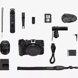 كاميرا Canon EOS R50 V مع عدسة RF-S 14-30 مم PZ، كاميرا ميرورلس مدمجة مخصصة لصناع المحتوى، تقدم تصوير عالي الجودة، فيديو وصور واضحة، عدسة واسعة بزوم، تركيز سريع، وتصميم خفيف مناسب للفلوغ والسوشيال ميديا