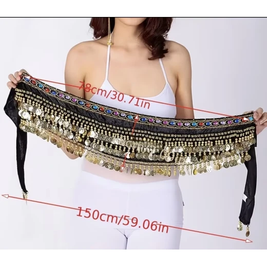 حزام خصر للرقص الشرقي من المخمل والشيفون مرصع بأقراص ذهبية/فضية – 3 طبقات - Image 7
