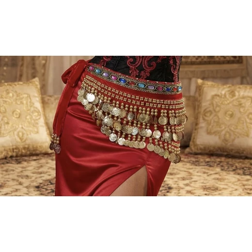 حزام خصر للرقص الشرقي من المخمل والشيفون مرصع بأقراص ذهبية/فضية – 3 طبقات - Image 3