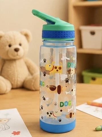 Kids Water Bottle 600ml with Straw & Carry Handle – Cute Dog Design – Leakproof