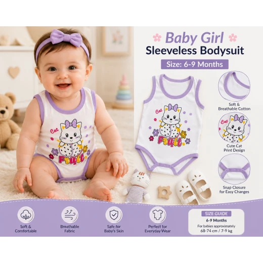 Baby Girl Sleeveless Cotton Bodysuit with Cute Cat Print – Soft Breathable Baby Romper, 6–9 Months - Image 2