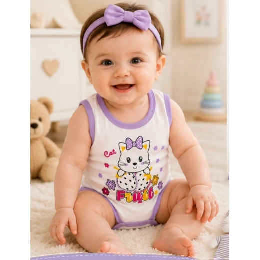 Baby Girl Sleeveless Cotton Bodysuit with Cute Cat Print – Soft Breathable Baby Romper, 6–9 Months
