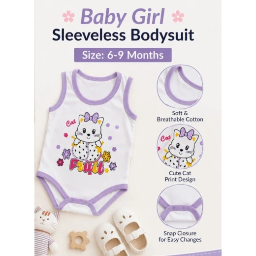 Baby Girl Sleeveless Cotton Bodysuit with Cute Cat Print – Soft Breathable Baby Romper, 6–9 Months - Image 3