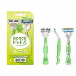 Dorco EVE 6 Disposable Razor for Women 6 Blades Pivoting Head, 3 Rubber Handles on a Card