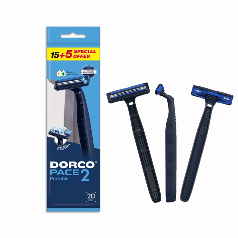 Dorco Pace 2 Disposable Razors for Men, 2 Blades Head, 15+5 Plastic Handles in a Pouch - Dorco