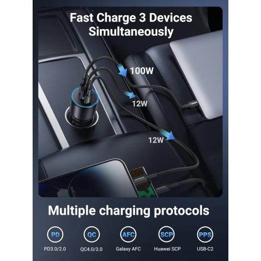 شاحن سيارة 130 واط USB C و USB A مع كابل USB C 100 واط من يوجرين - يوجرين - Image 4
