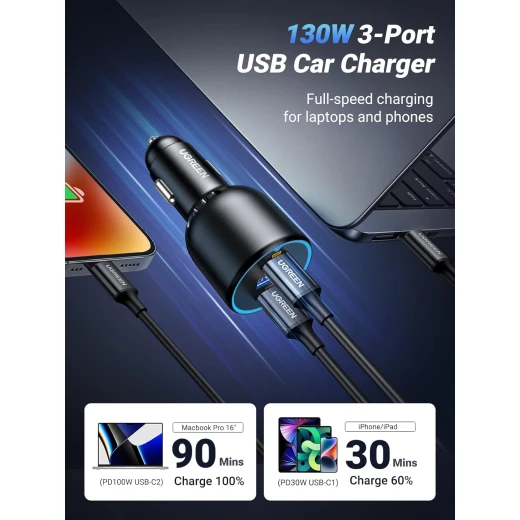 شاحن سيارة 130 واط USB C و USB A مع كابل USB C 100 واط من يوجرين - يوجرين - Image 6