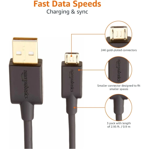 كيبل شحن سريع USB-A الى Micro USB من 3 قطع، سرعة نقل 480 ميجابت في الثانية مع مقابس مطلية بالذهب، USB 2.0، 3 قدم، اسود من امازون - امازون - Image 4