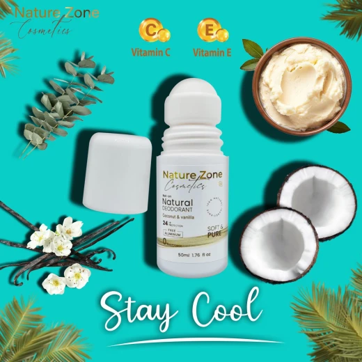 Nature Zone Coconut Vanilla Smell Natural Deodorant Roll-On With Vitamins E,C | Natural Ingredients, Free Aluminum, Alcohol, Plastic, Cruelty, Vegan, Paraben | Long-lasting Odor Protection For Women & Men & Kids - nature zone - Image 3