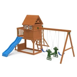 All-in-One Wooden Outdoor Playset with Swings, Slide, and Monkey Bars