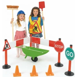 Kids Construction & Road Works Role Play Set - Engineering Tools, Traffic Signs & Wheelbarrow