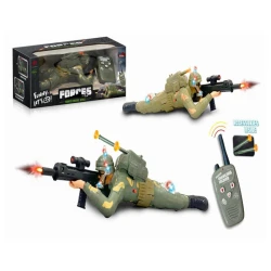 A soldier on a remote control crawls with his weapon