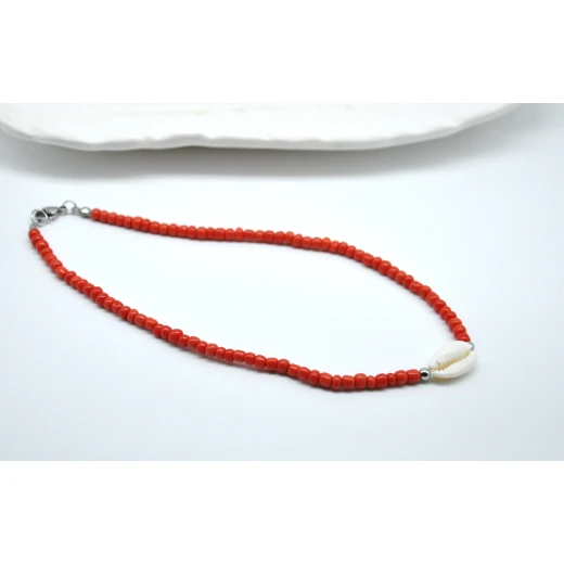 Handmade red Beaded Necklace with Shell, beaded choker, shell necklace, beach jewelry, minimalist necklace, seed bead necklace, boho gift, summer accessories Handmade red Beaded Necklace with Shell, beaded choker, shell necklace, beach jewelry, minimalist necklace, seed bead necklace, boho gift, summer accessories