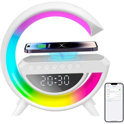 4-in-1 Alarm Clock with Wireless Charger, Bluetooth Speaker & LED Table Lamp 14 Colors Smart Digital Clock for Bedroom or Office