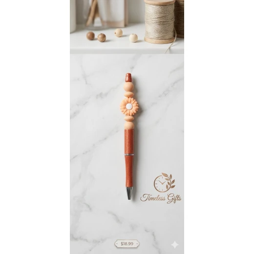 Pen decorated with orange beads and an elegant flower, featuring a beautiful handmade design Perfect for gifts and daily use, adding a feminine and stylish touch to your desk or study - Timeless gifts - Image 2