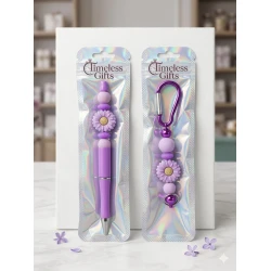 Pen and purple beaded keychain decorated with a flower (2 pieces)