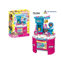 Toytriangle Barbie Mega Kitchen 50 x 20 x 75 cm hob, oven, plates, cups, pot, pan, and kitchen utensils.