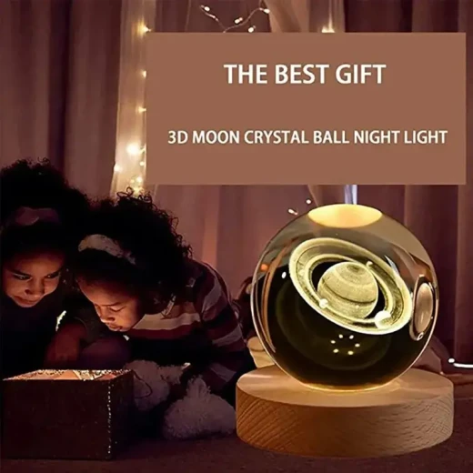 مصباح 3Dt كريستال بتصميم كوكب ساتورن ثلاثي الأبعاد قاعدة خشبية أنيقة يعمل عبر USB إضاءة LED موفرة للطاقة لديكورعصري ومثالي كهدية - ألعاب ار اس - Image 2