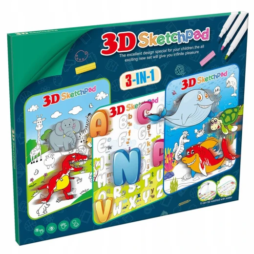 لوحة رسم ثلاثية الأبعاد 3 في 1 مع نظارات ثلاثية الأبعاد و4 أقلام ملونة (YM832) 3 تصميمات مختلفة للأطفال من سن 3 سنوات فما فوق - ألعاب ار اس - Image 2