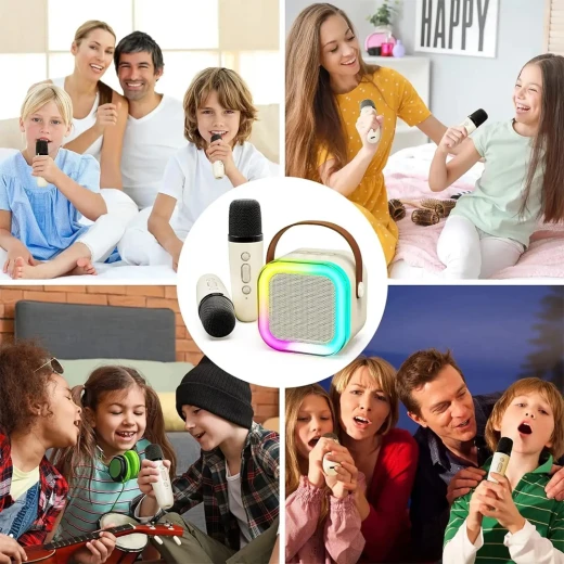 مكبر صوت كاريوكي محمول صغير 12 مزود بميكروفونين لاسلكيين للأطفال والكبار، مع تأثيرات صوتية سحرية - 5 أصوات مختلفة وإضاءة  متغيرة الألوان - ألعاب ار اس - Image 2