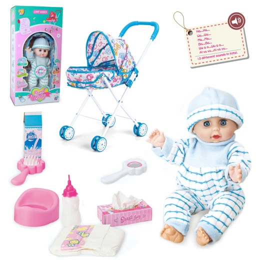 Sweet Baby Interactive Doll Playset 33cm with Metal Stroller, 12 Sounds, Feeding, Pee & Sleeping Functions, Baby Care Accessories Included, Baby Doll Toy for Girls Age 3+ - Rs Toys - Image 2