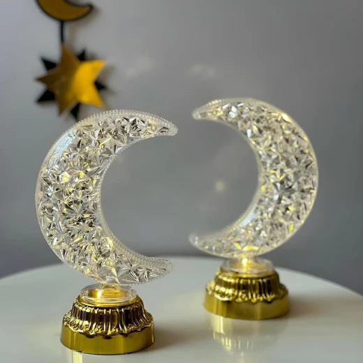 مصباح هلال رمضان كريستالي يعمل بالبطارية مع قاعدة ذهبية، بثلاثة أوضاع إضاءة، ضوء دافئ (43-11) - ألعاب ار اس - Image 3