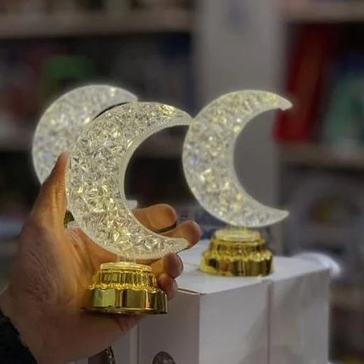 مصباح هلال رمضان كريستالي يعمل بالبطارية مع قاعدة ذهبية، بثلاثة أوضاع إضاءة، ضوء دافئ (43-11) - ألعاب ار اس - Image 2