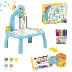 Kids Drawing Projector Table with Music, 3 Slides with 24 Projection Patterns, Educational LED Trace and Draw Projector with Drawing Book, 3 Years & Up